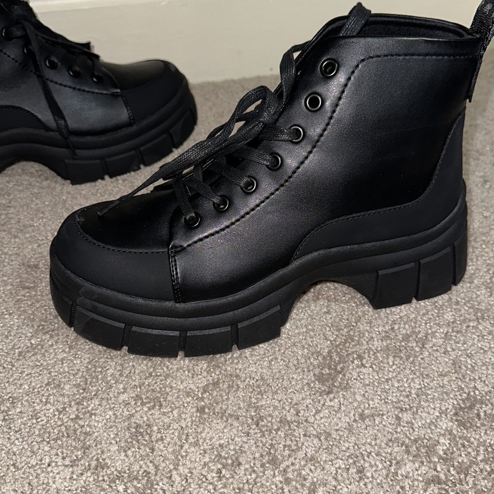 Black faux leather platform sneaker boots